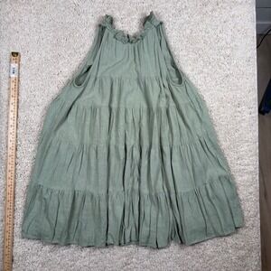 MABLE Sage Green Tiered Linen Blend Babydoll Dress Ruffle Neck Small Spring